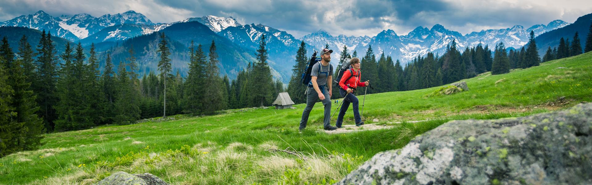 Dwie osoby w strojach sportowych z kijkami do nordick walkingu, spacerują po zboczu góry. W tle widać góry.