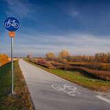 Fragment trasy VeloDunajec, przy trasie znak droga dla rowerów, rekreacyjny teren zielony po prawej stronie od trasy rowerowej